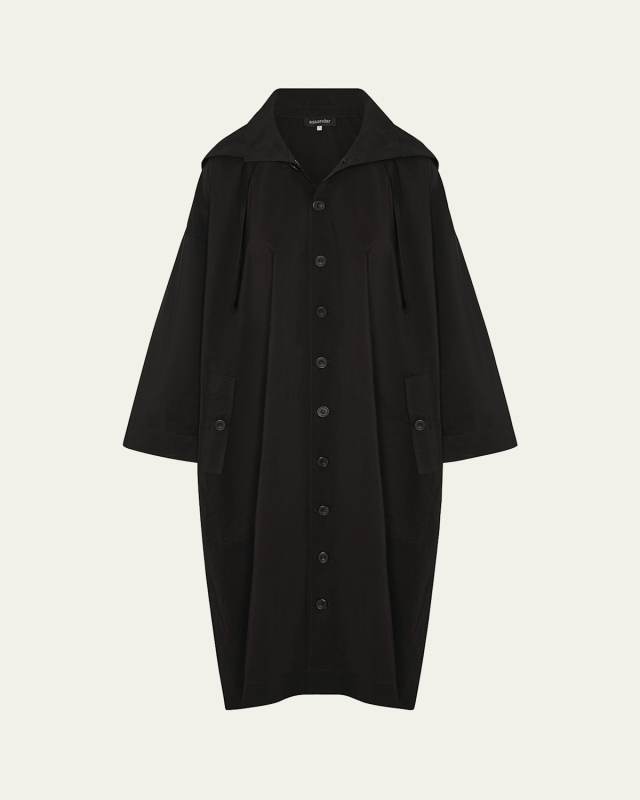 Smaller-Front Larger-Back High-Neck Coat With Button Away Hood (Full Length)